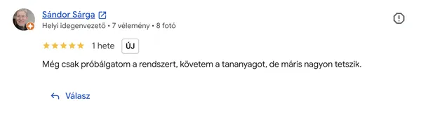 Sándor Sárga Google értékelése az AI Egyetemről (5/5 csillag): „Még csak próbálgatom a rendszert, követem a tananyagot, de máris nagyon tetszik.”
