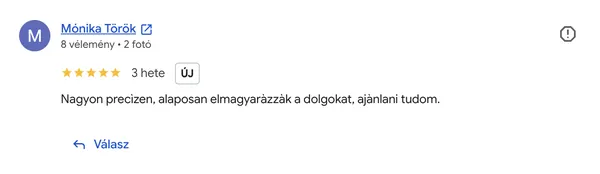 Mónika Török Google értékelése az AI Egyetemről (5/5 csillag): „Nagyon precìzen, alaposan elmagyaràzzàk a dolgokat, ajànlani tudom.”