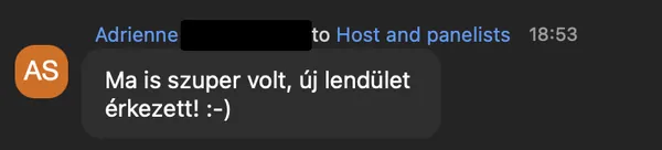 Adrienne S. véleménye az AI Egyetem webinárjáról: „Ma is szuper volt, új lendület érkezett! :-)”