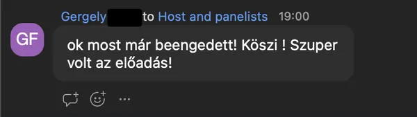 Gergely F. véleménye az AI Egyetem webinárjáról: „ok most már beengedett! Köszi ! Szuper volt az előadás!”