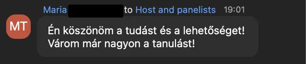 Maria T. véleménye az AI Egyetem webinárjáról: „Én köszönöm a tudást és a lehetőséget! Várom már nagyon a tanulást!”