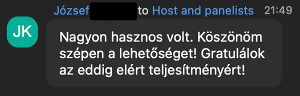 József K. véleménye az AI Egyetem webinárjáról: „Nagyon hasznos volt. Köszönöm szépen a lehetőséget! Gratulálok az eddig elért teljesítményért!”
